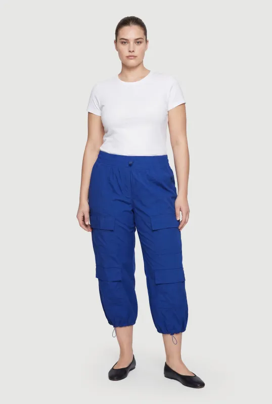 High Waisted Toggle Drawstring Waist Cargo Capris Pants made by Rainbow