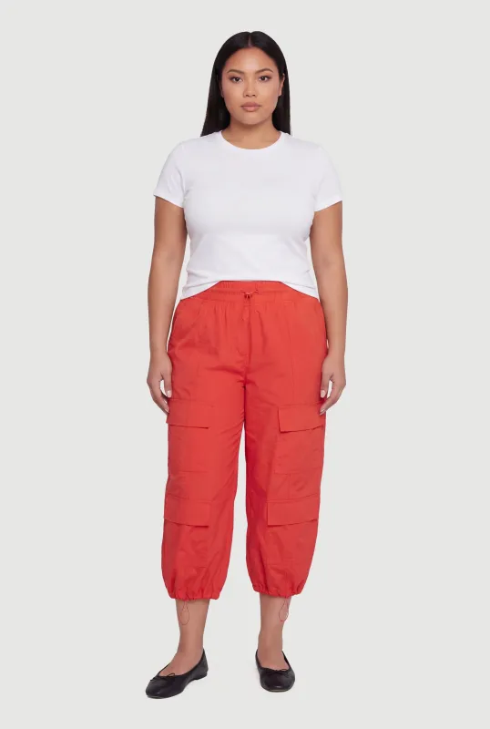 High Waisted Toggle Drawstring Waist Cargo Capris Pants made by Rainbow