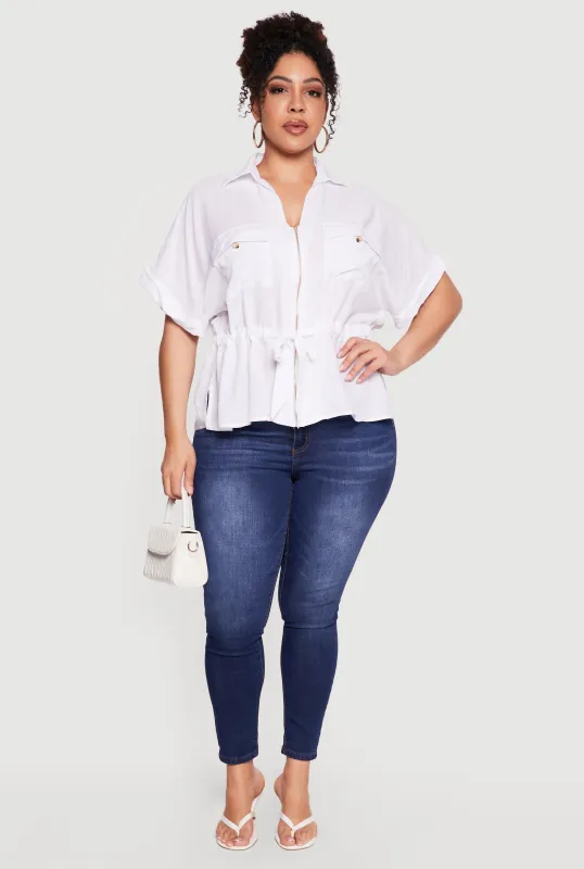 Plus Size Zip Front Drawstring Waist Blouse made by Rainbow