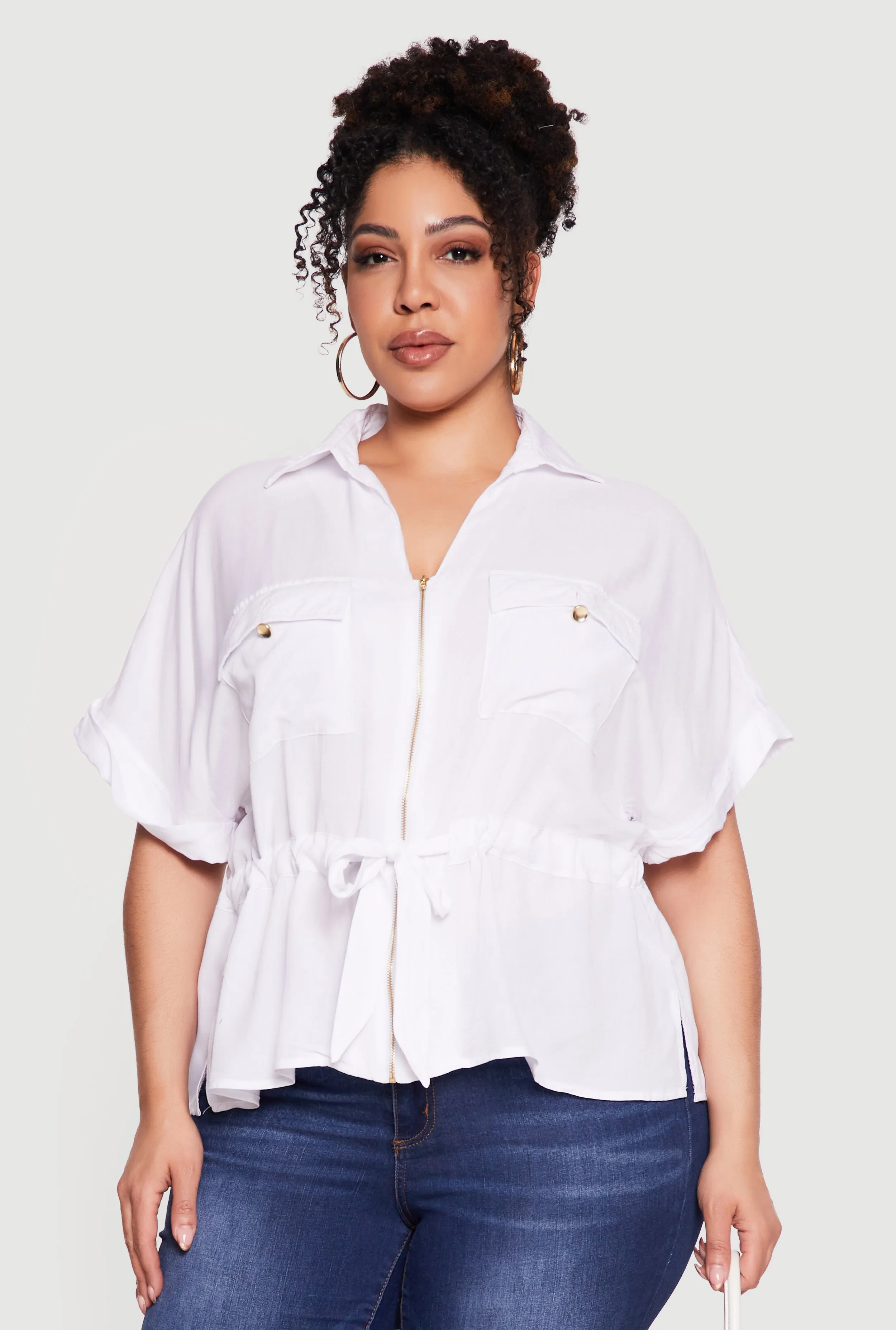 Plus Size Zip Front Drawstring Waist Blouse sold by Rainbow product image thumbnail 2