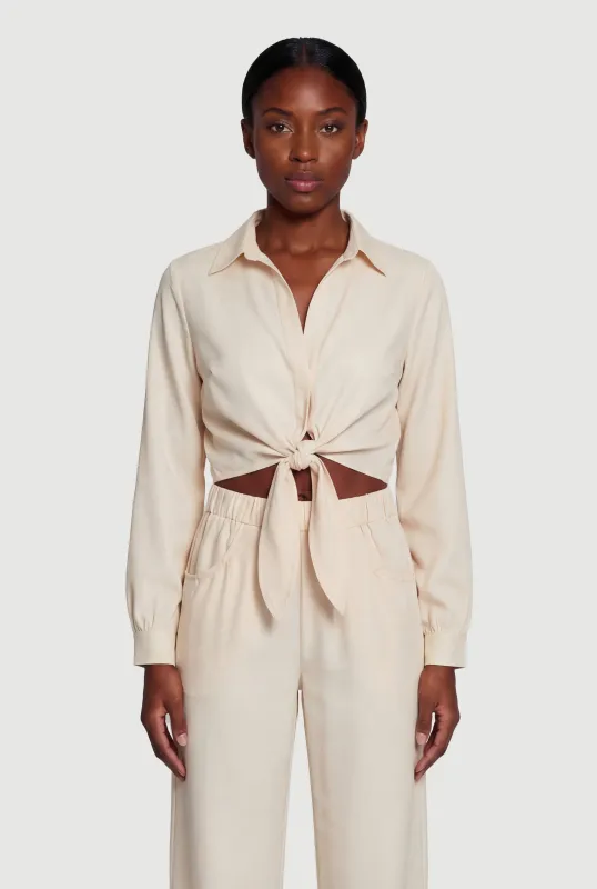 Open Tie Front Long Sleeve Crop Top made by Rainbow