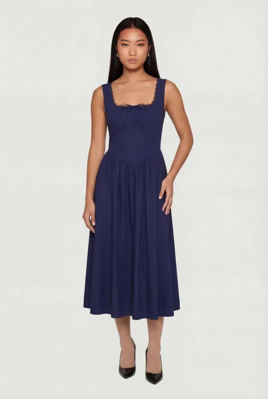 Lace Trim Lace Up Detail Midi Skater Dress made by iris