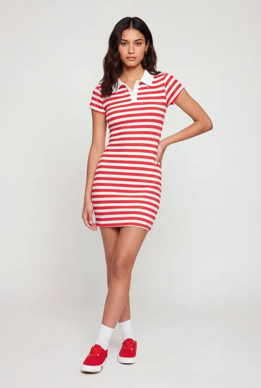 Striped Rib Knit Mini Polo Dress made by Rainbow