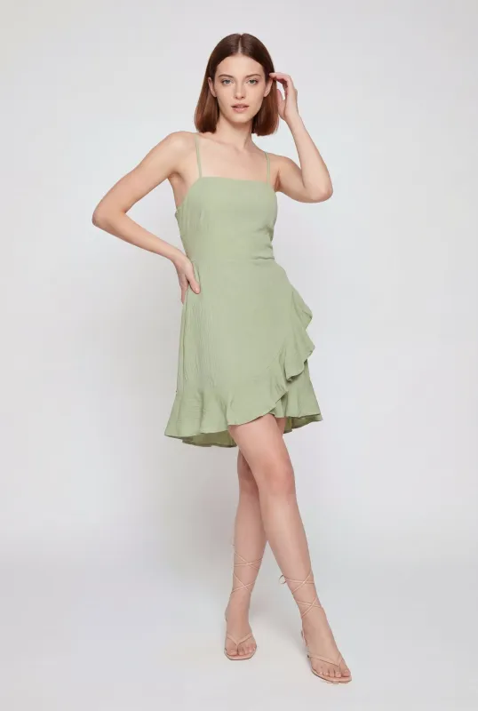 Ruffle Trim Tie Back Keyhole Faux Wrap Dress made by Rainbow