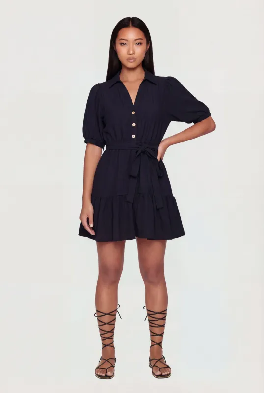 Puff Sleeve Mini Shirt Dress with Tie Waist Belt made by Rainbow