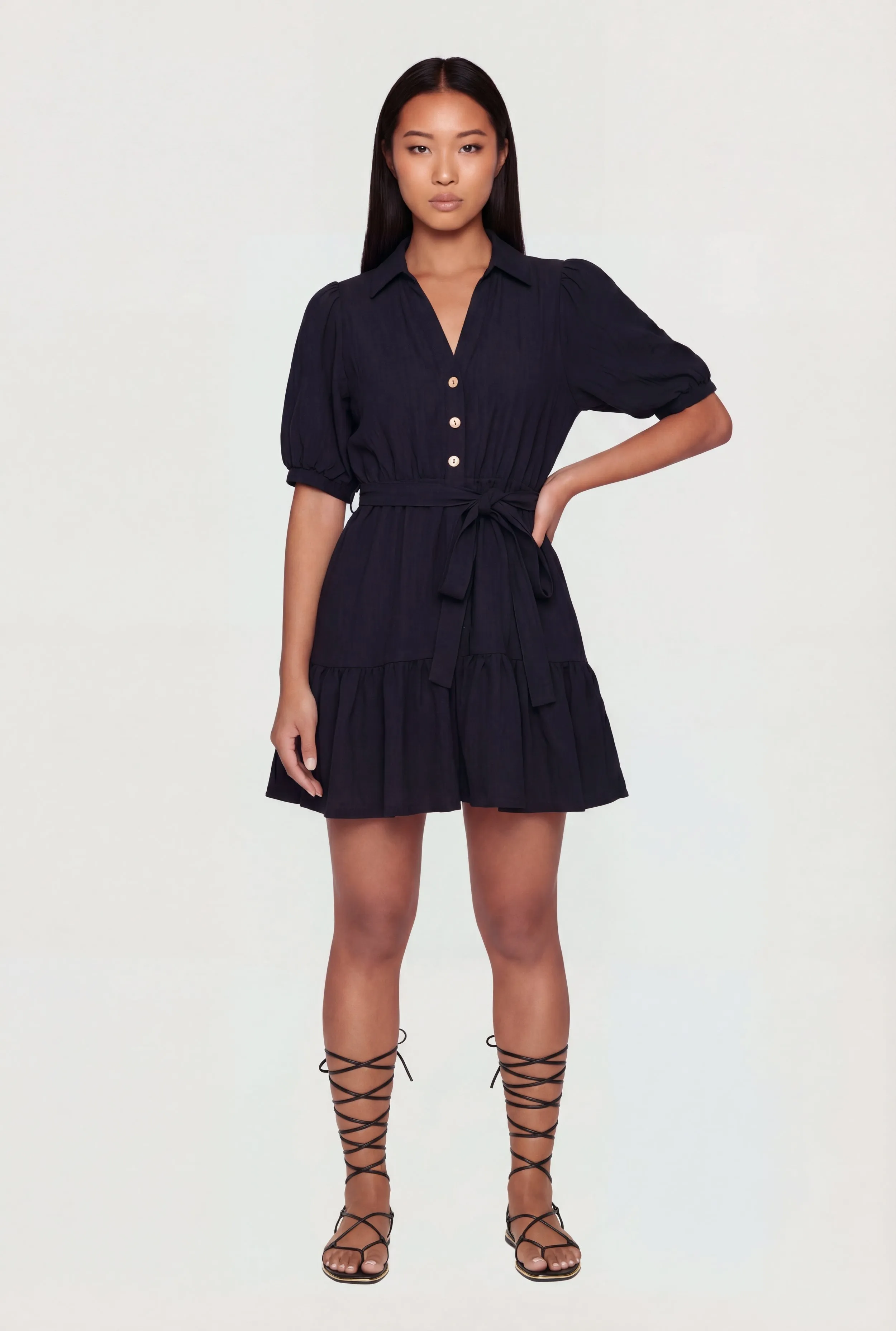 Puff Sleeve Mini Shirt Dress with Tie Waist Belt sold by Rainbow
