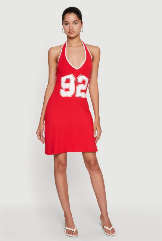 92 Graphic Contrast Trim Halter Mini Dress made by Rainbow