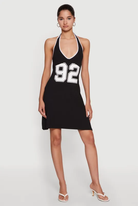 92 Graphic Contrast Trim Halter Mini Dress made by Rainbow