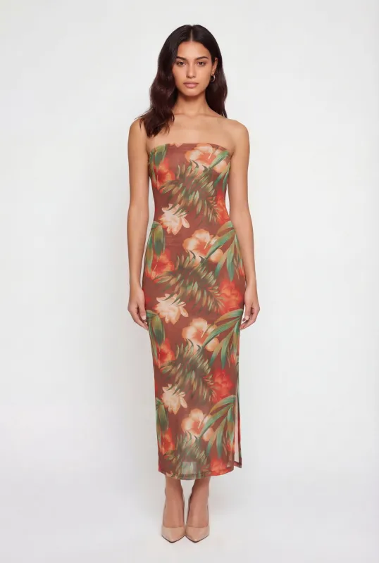 Floral Print Side Slit Mesh Overlay Maxi Dress made by Rainbow