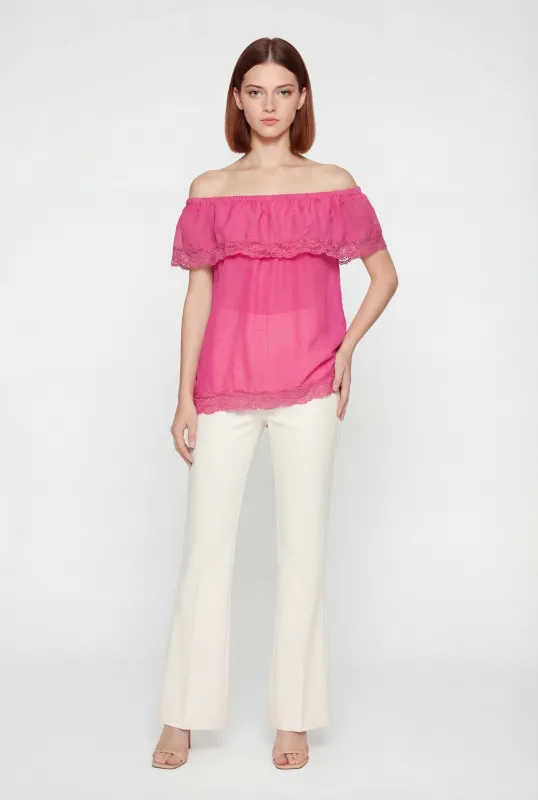 Lace Trim Fold Over Off The Shoulder Top made by Rainbow