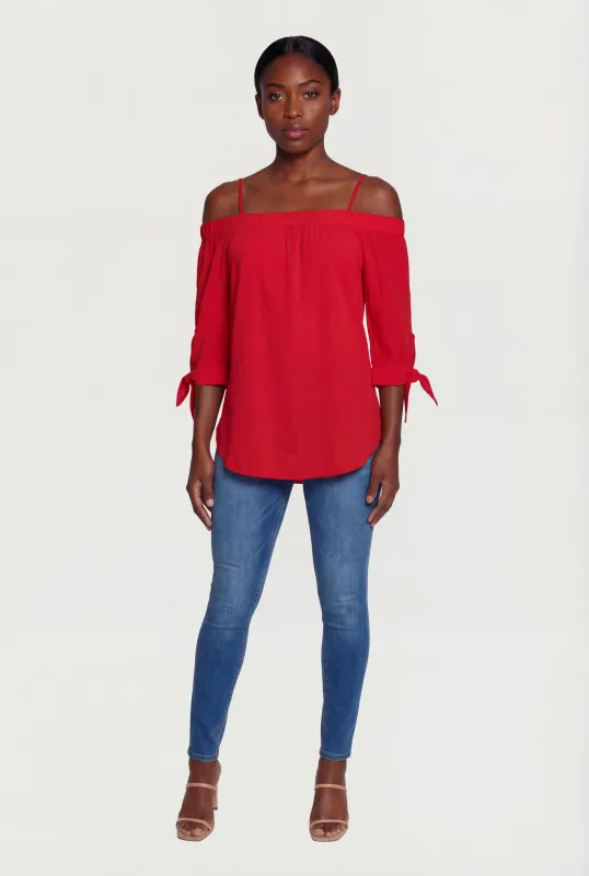 Tie Knot Sleeve Square Neck Cold Shoulder Blouse made by Rainbow