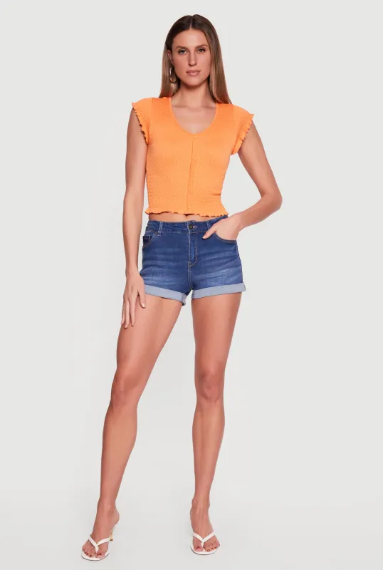 Textured Knit Button Detail Flutter Cap Sleeve Crop Top made by Rainbow