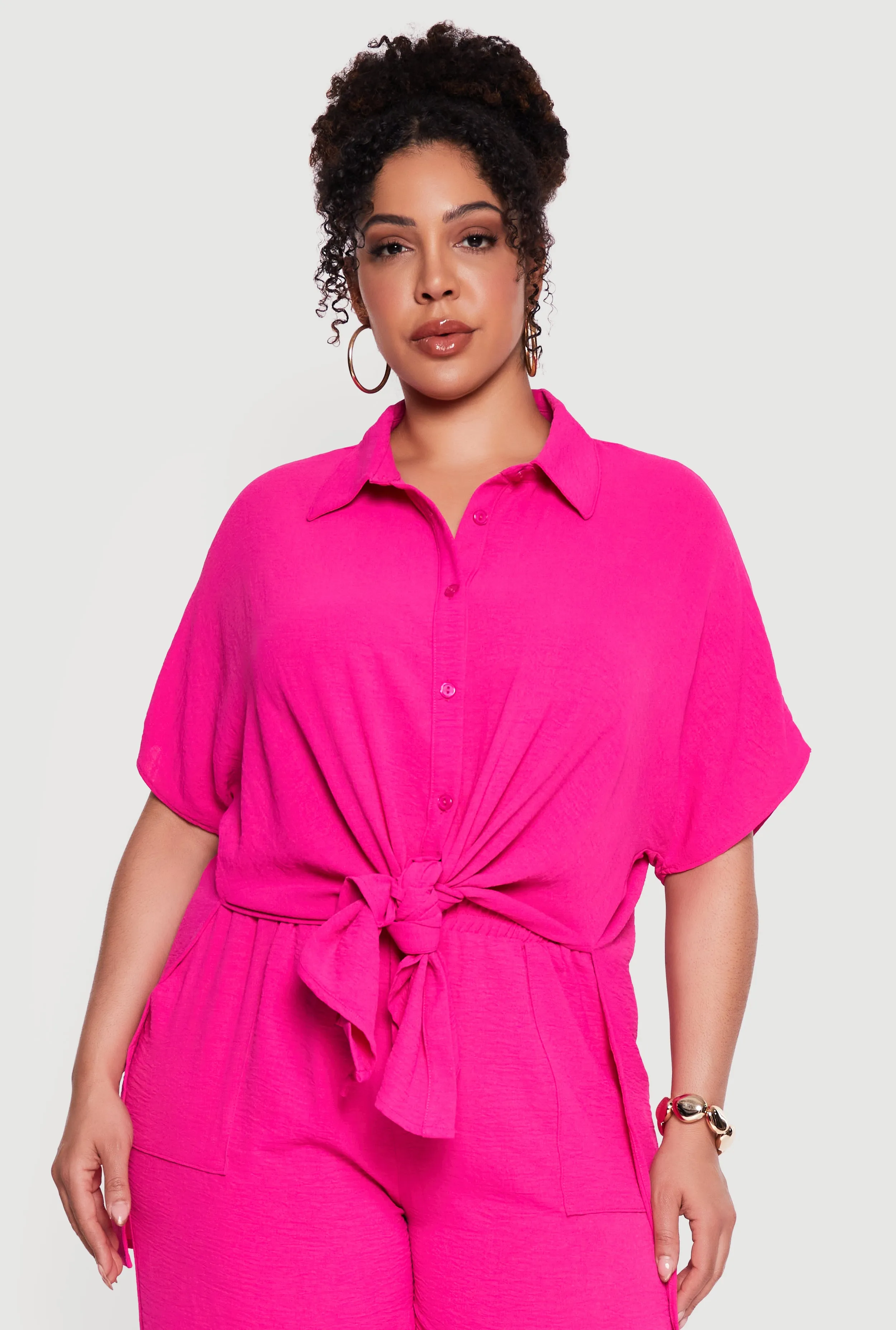 Plus Size Crepe Knit Tie Front Shirt sold by Rainbow