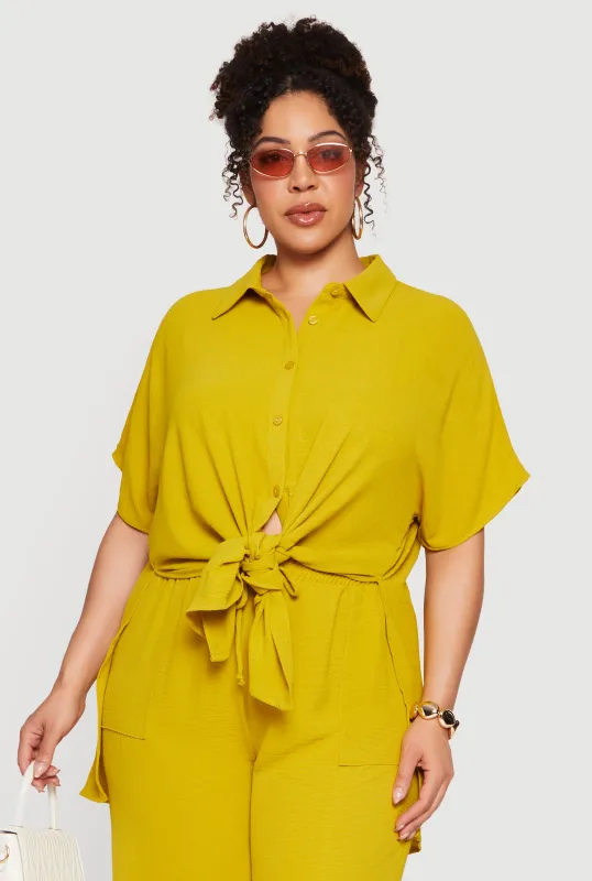 Plus Size Crepe Knit Tie Front Shirt made by Rainbow