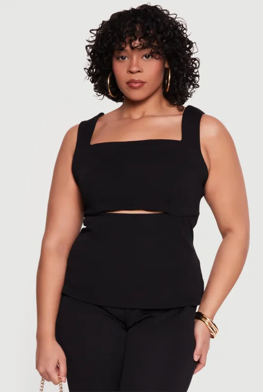 Plus Size Crepe Knit Square Neck Sleeveless Top with Keyhole made by Rainbow