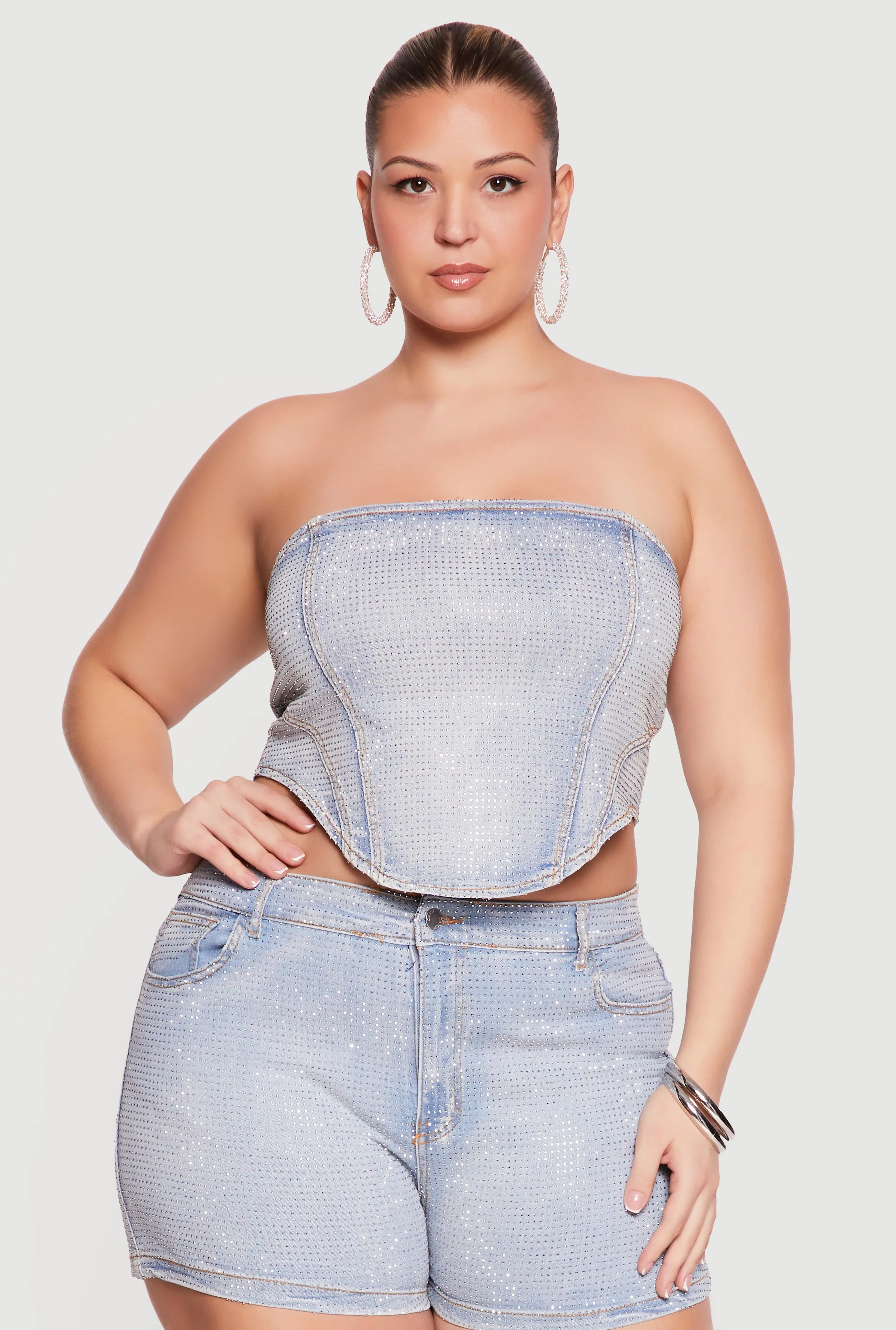 Plus Size Rhinestone Detail Lace Up Corset Top sold by Rainbow