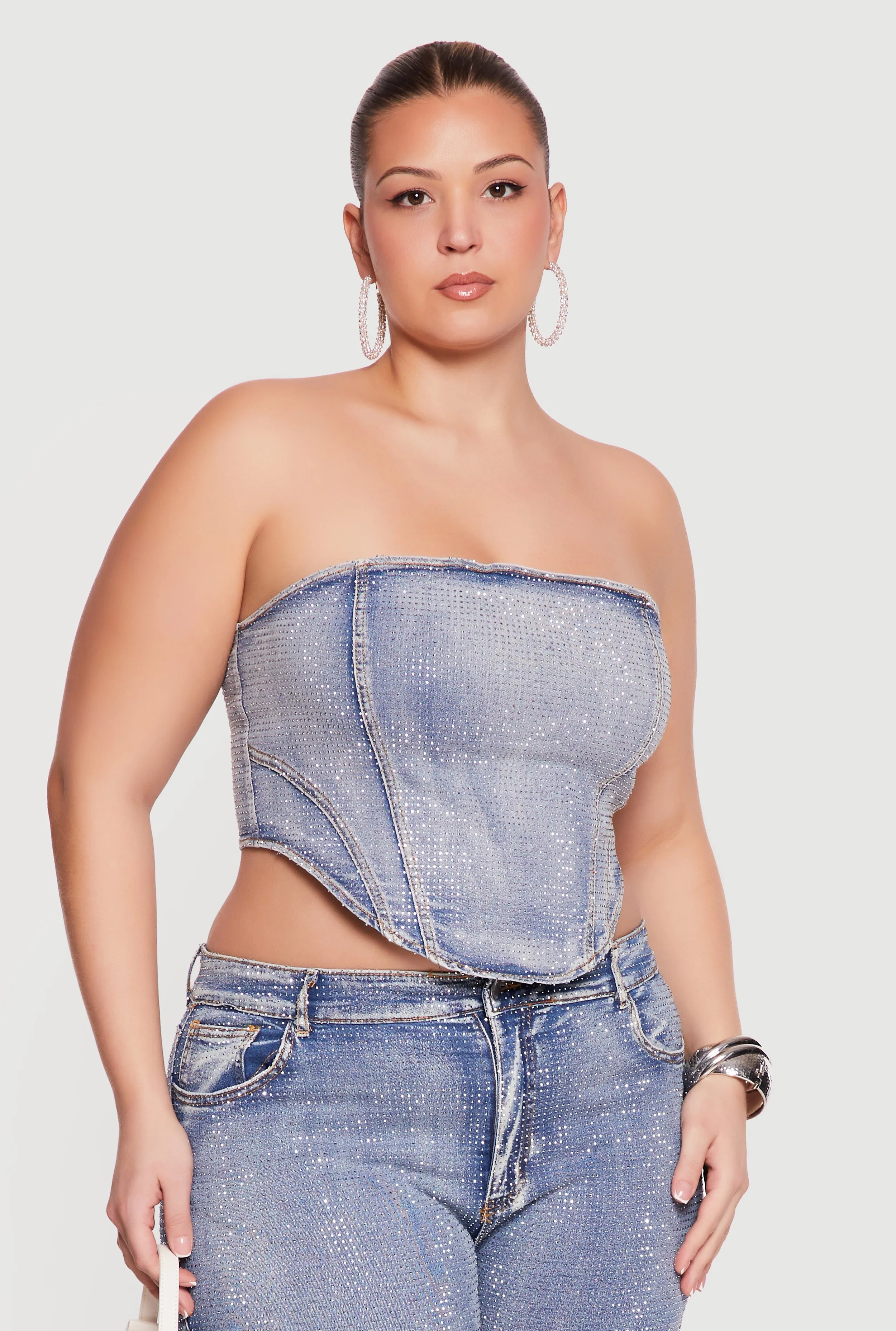 Plus Size Rhinestone Detail Lace Up Corset Top sold by Rainbow