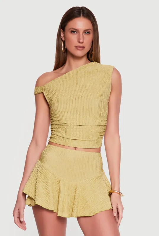 One Shoulder Side Ruched Textured Knit Crop Top made by iris