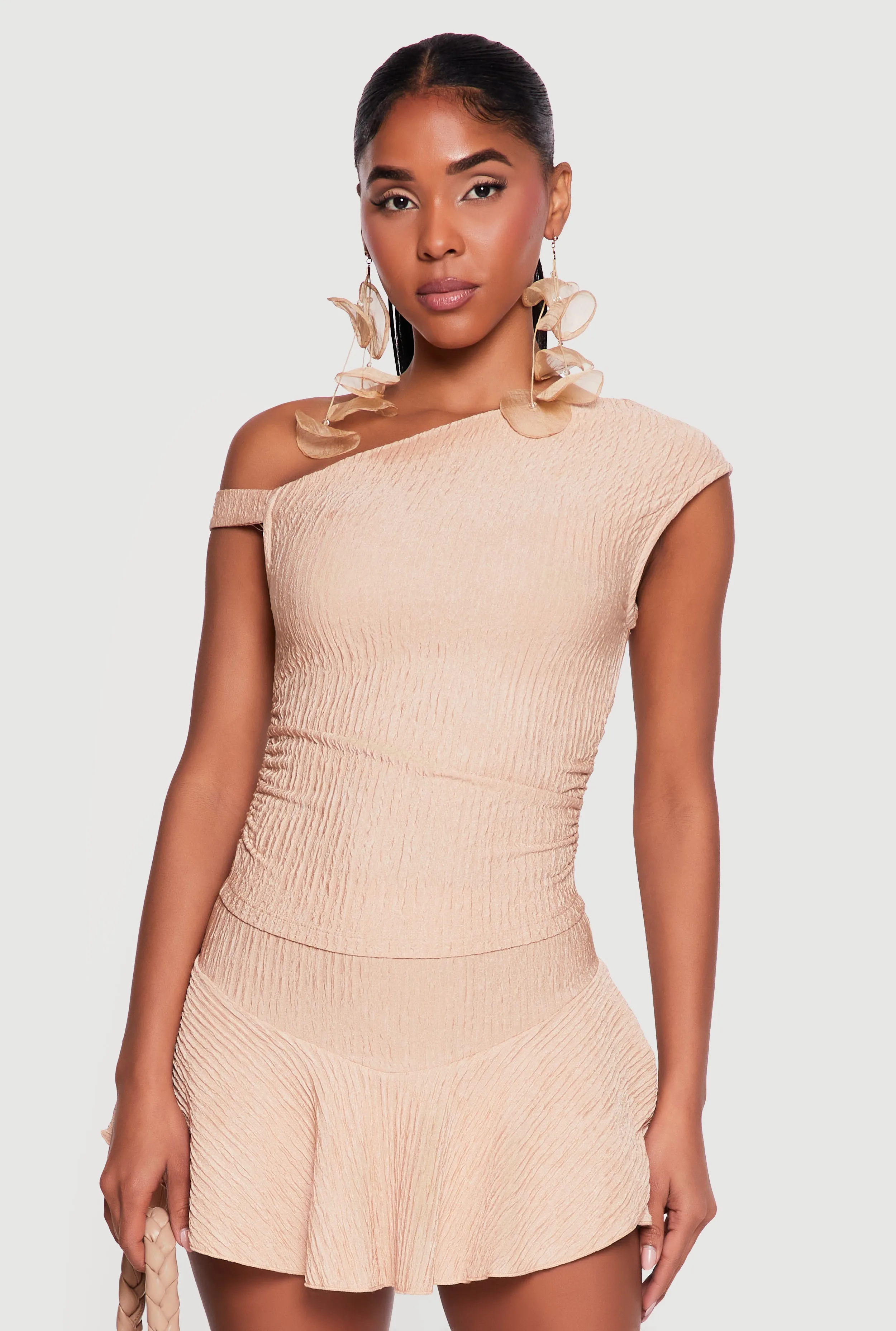 One Shoulder Side Ruched Textured Knit Crop Top sold by Rainbow