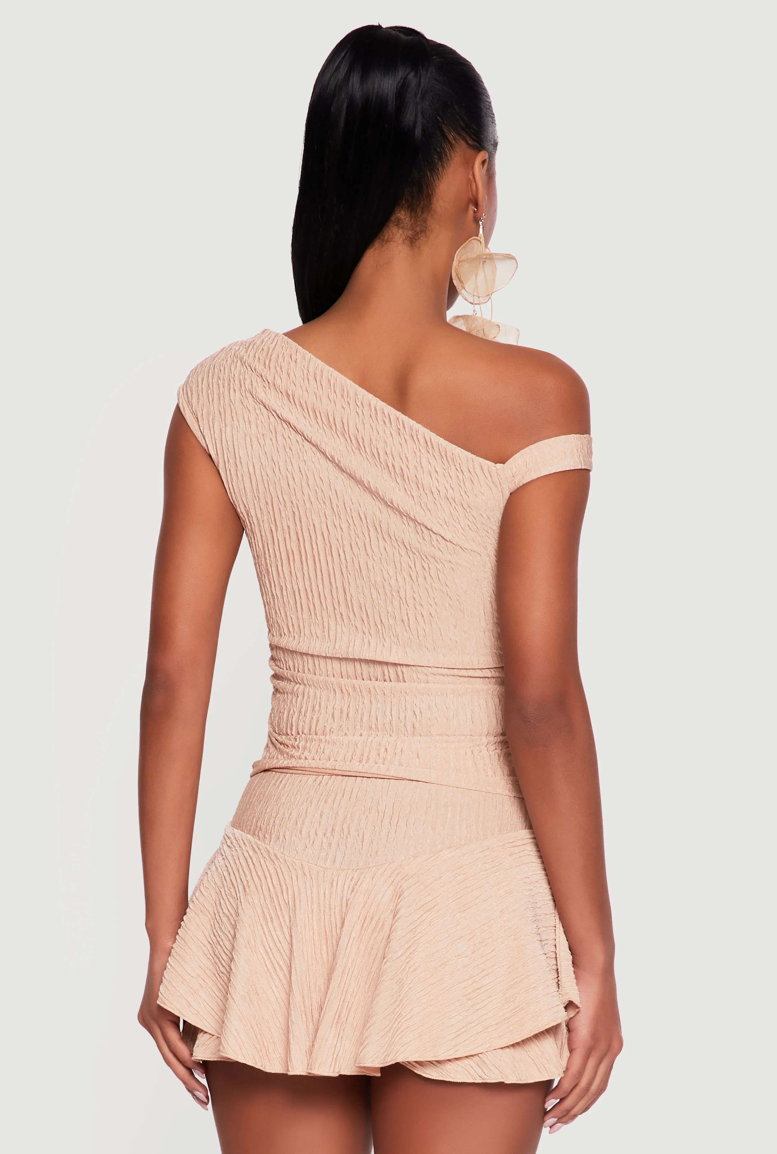 One Shoulder Side Ruched Textured Knit Crop Top sold by Rainbow product image thumbnail 5