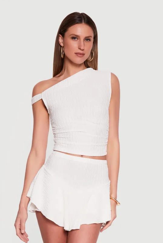 One Shoulder Side Ruched Textured Knit Crop Top made by iris