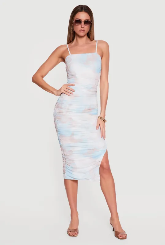 Mesh Overlay Side Ruched Side Slit Midi Dress made by iris