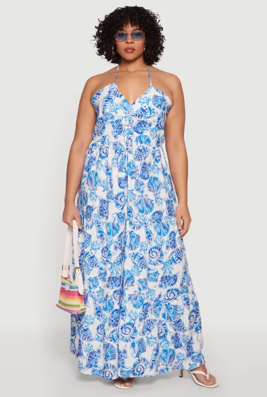 Plus Size Patterned Tiered Halter Maxi Dress made by Rainbow