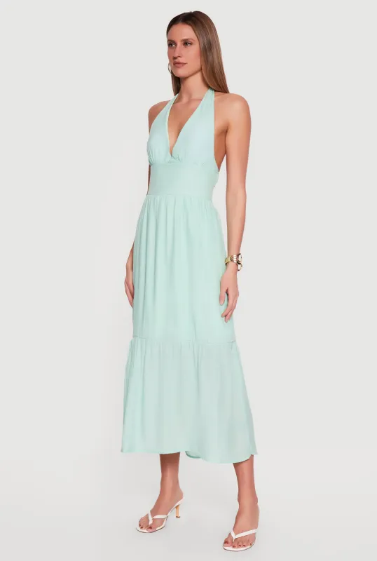 Plunge Tie Back Halter Neck Tiered Maxi Dress made by Rainbow