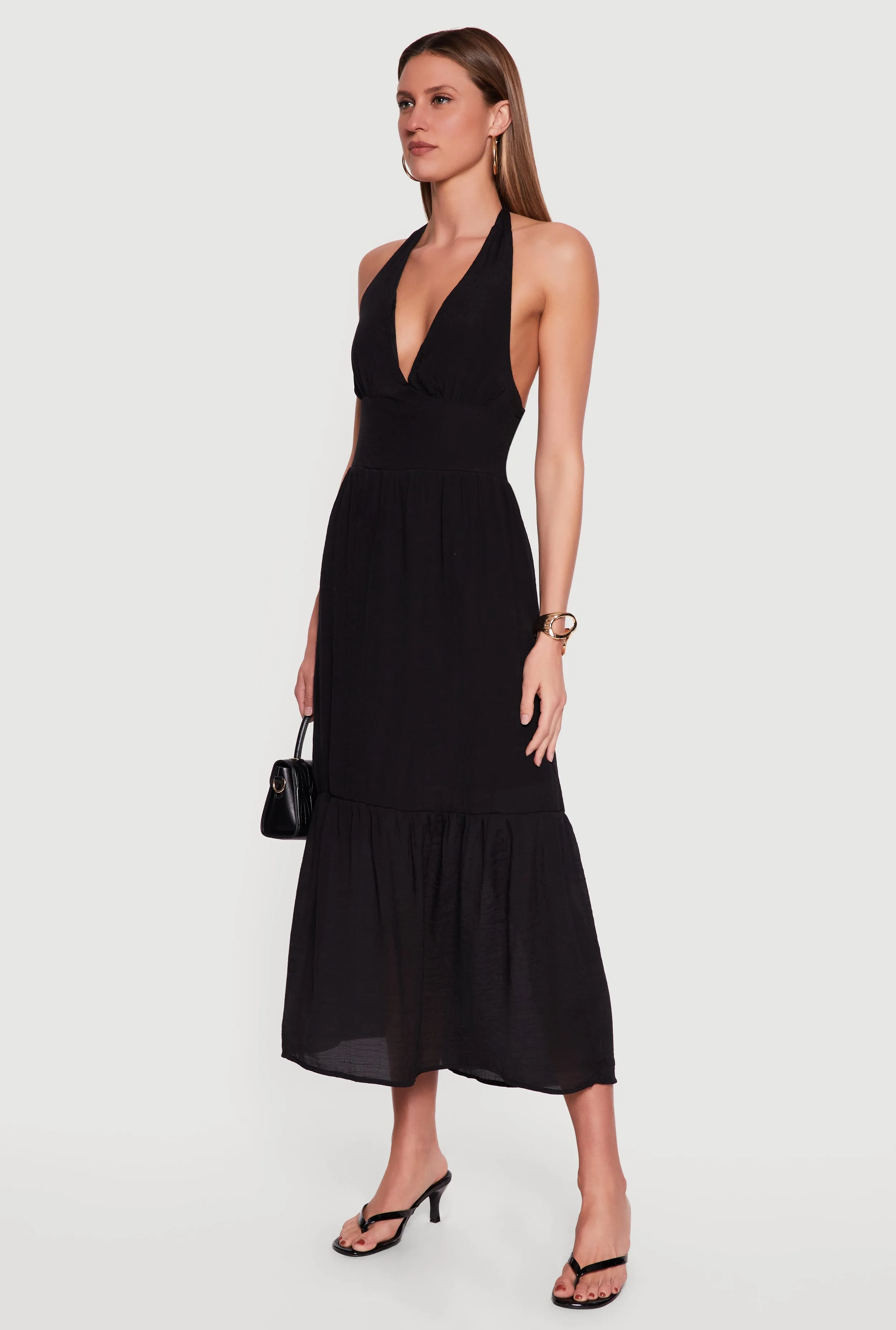 Plunge Tie Back Halter Neck Tiered Maxi Dress sold by Rainbow product image thumbnail 2