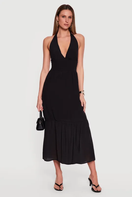 Plunge Tie Back Halter Neck Tiered Maxi Dress made by Rainbow