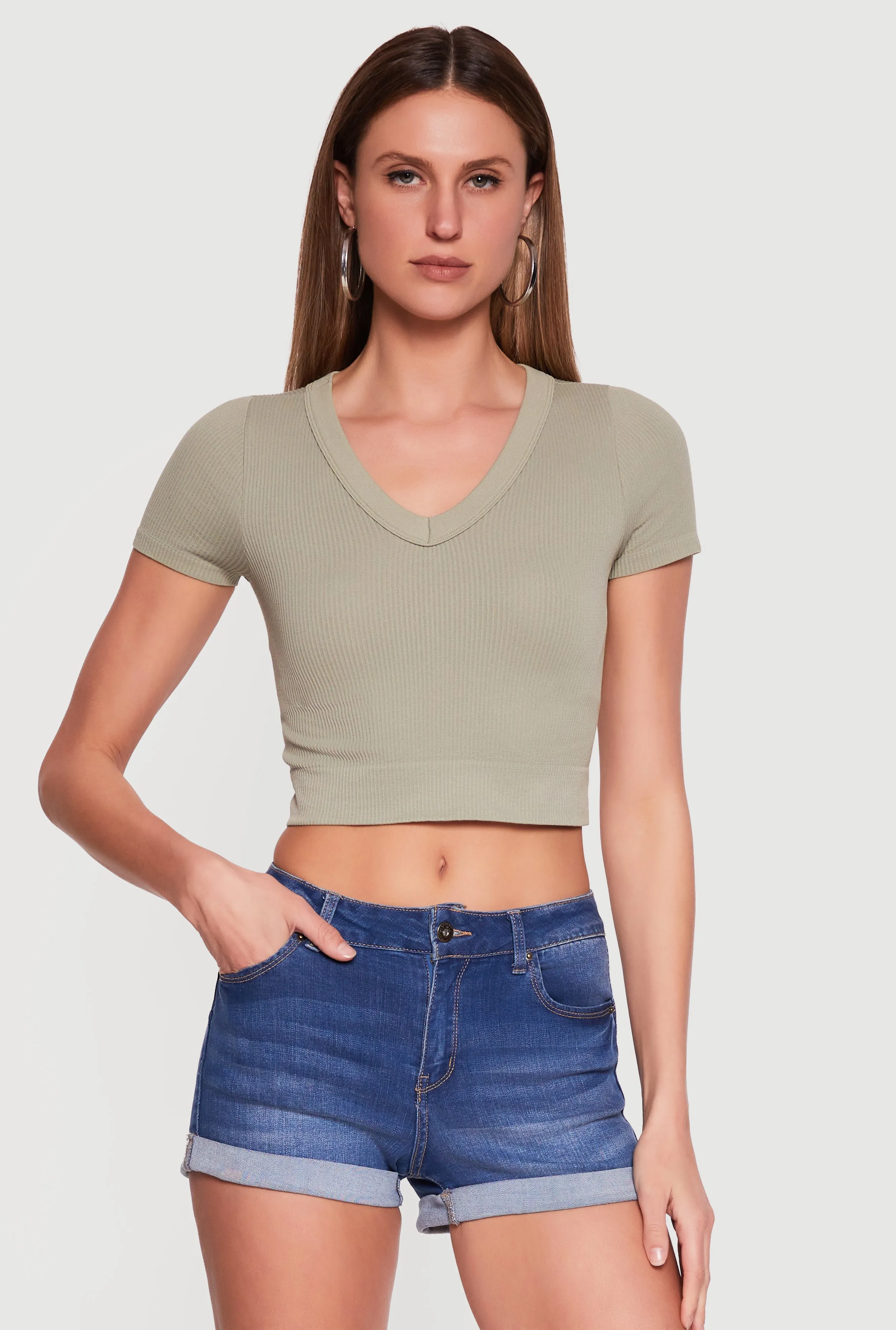 Seamless Cropped V Neck Short Sleeve Tee sold by Rainbow product image thumbnail 2
