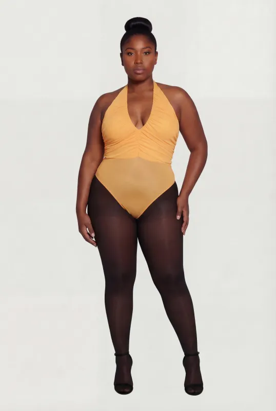 Plus Size Metallic Detail Ruched Mesh Halter Bodysuit made by Rainbow