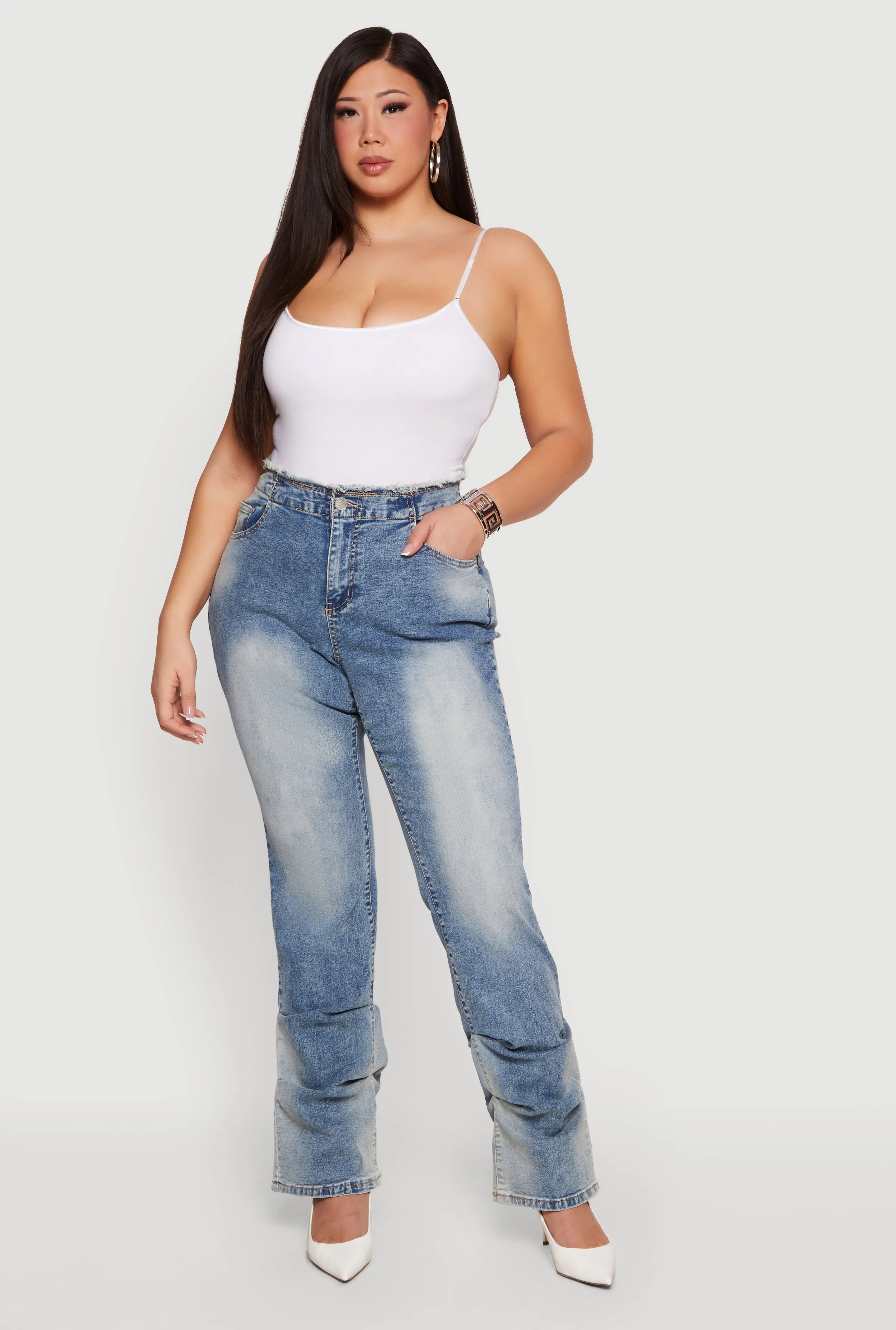 Plus Size Almost Famous Frayed High Waisted Stacked Jeans sold by Rainbow