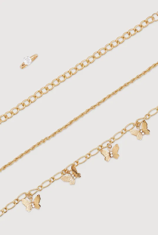 Assorted Butterfly Metallic Chain Anklet Trio with Toe Ring made by Rainbow