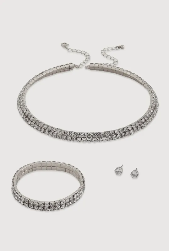 Rhinestone Necklace with Stretch Bracelet and Earrings Set made by Rainbow