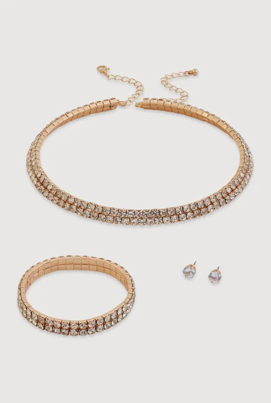 Rhinestone Necklace with Stretch Bracelet and Earrings Set made by Rainbow