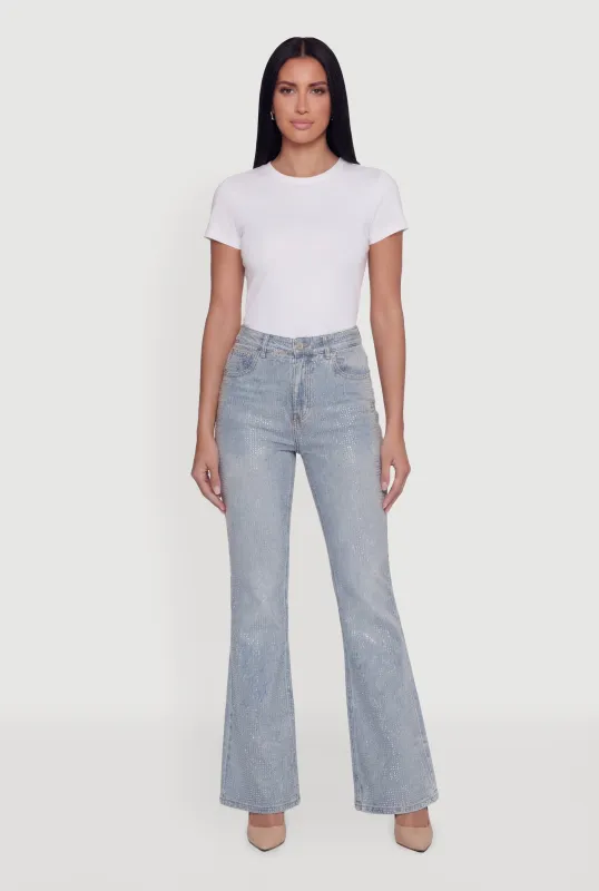 Trendy Mid Rise Rhinestone Flare Leg Jeans made by Daisy