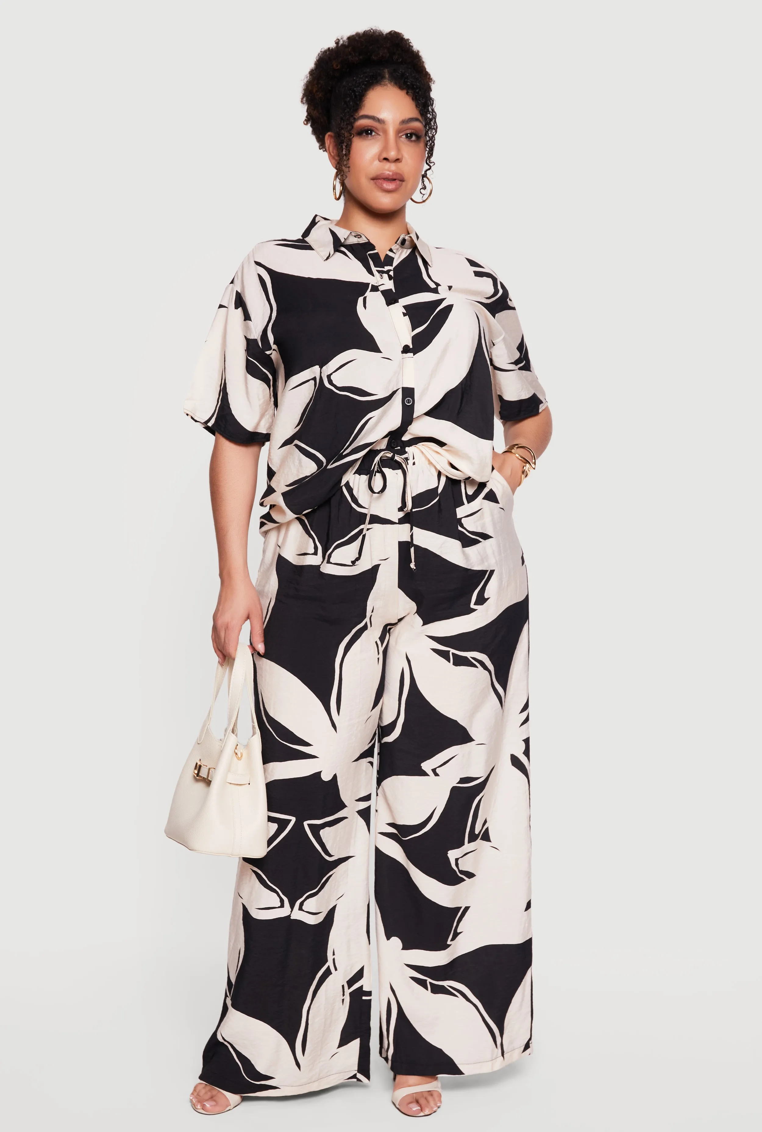 Plus Size High Waisted Wide Leg Patterned Crepe Knit Pants sold by Rainbow