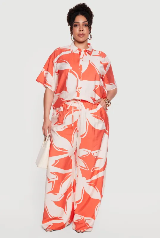 Plus Size High Waisted Wide Leg Patterned Crepe Knit Pants made by Rainbow