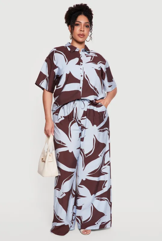 Plus Size High Waisted Wide Leg Patterned Crepe Knit Pants made by Rainbow