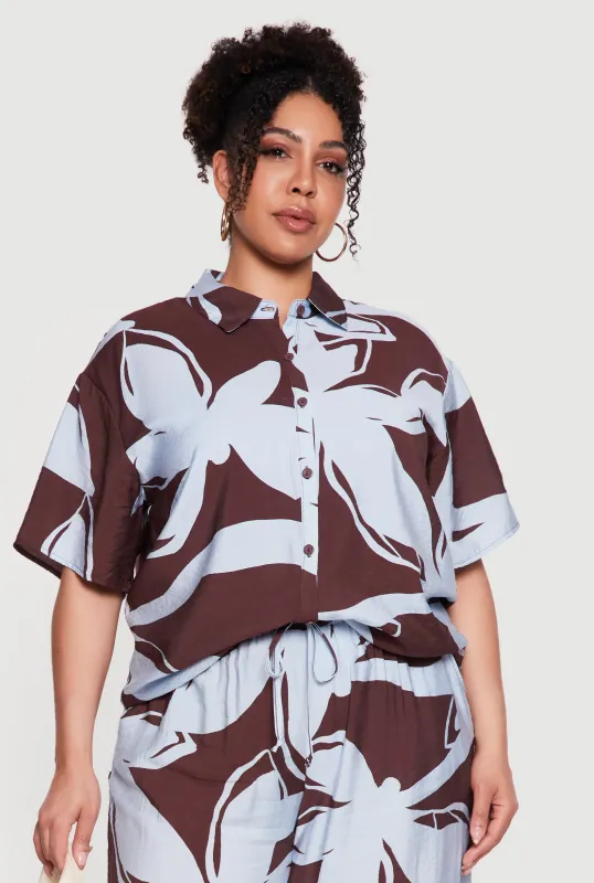 Plus Size Abstract Flower Print Shirt made by Rainbow