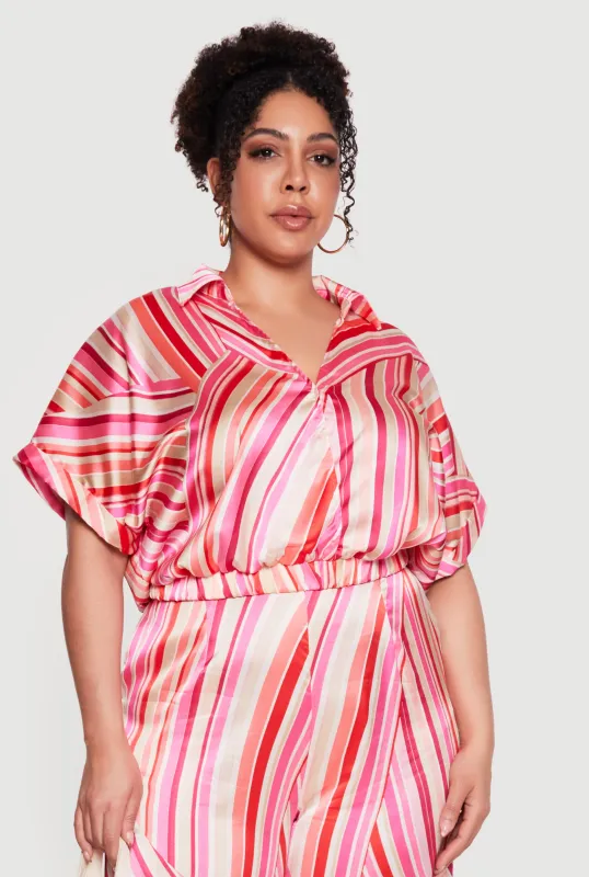 Plus Size Striped Satin Cropped Faux Wrap Blouse made by Rainbow
