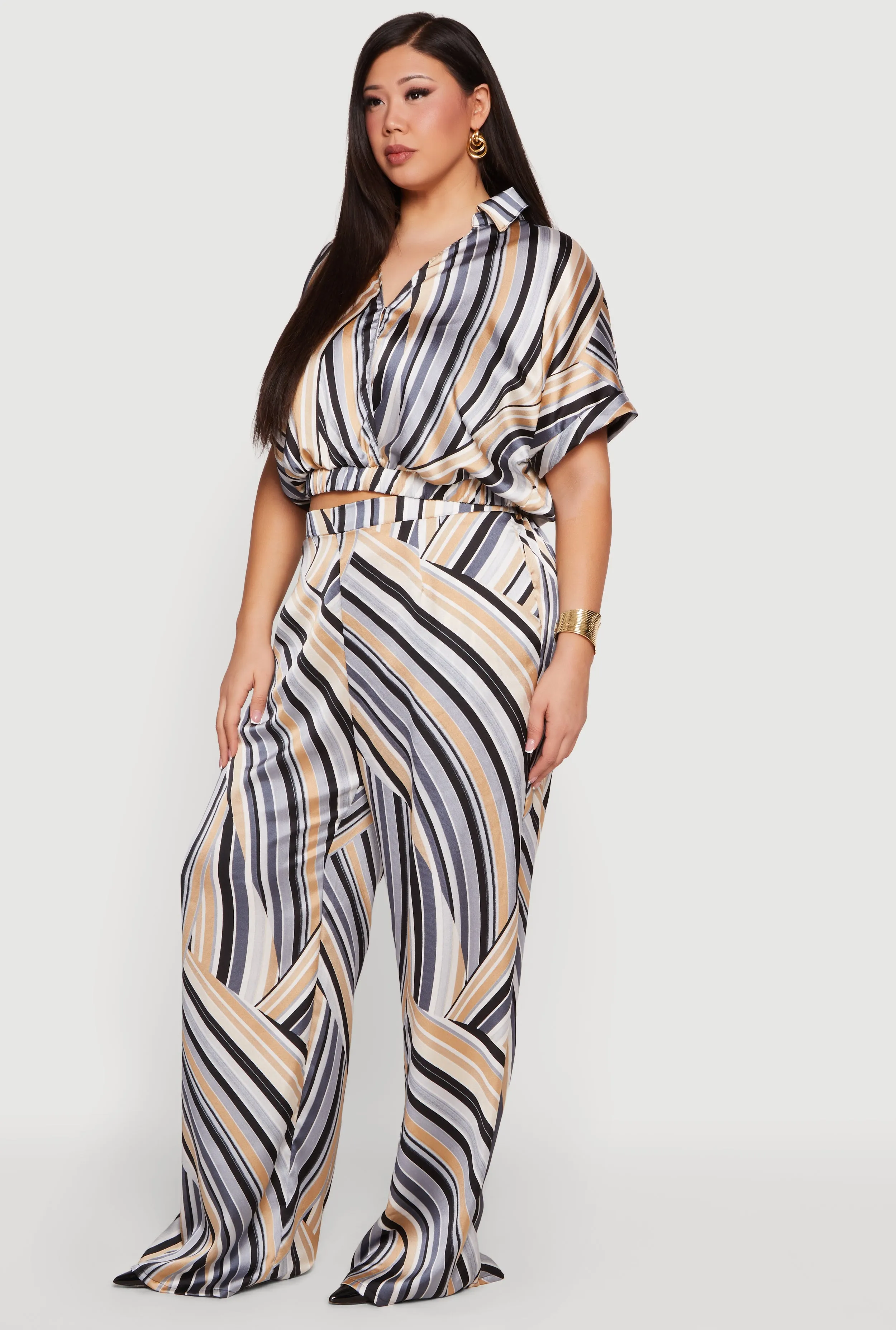 Plus Size Striped Satin Cropped Faux Wrap Blouse sold by Rainbow product image thumbnail 3