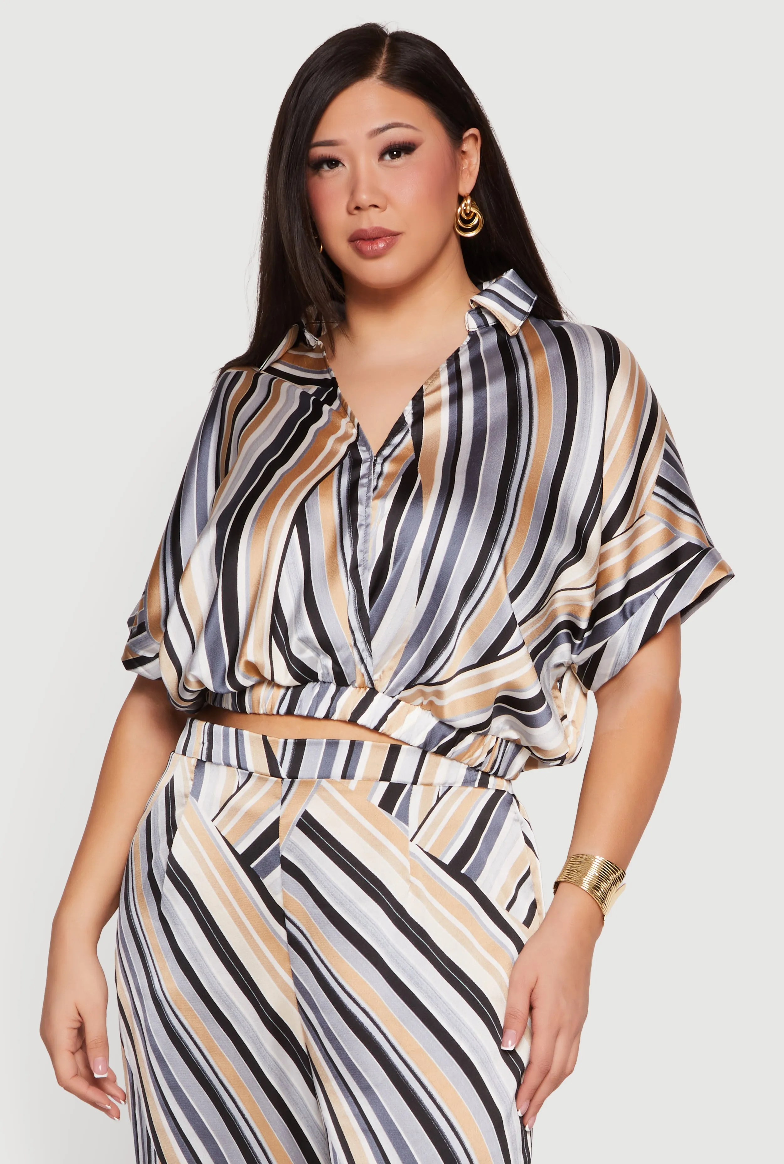 Plus Size Striped Satin Cropped Faux Wrap Blouse sold by Rainbow