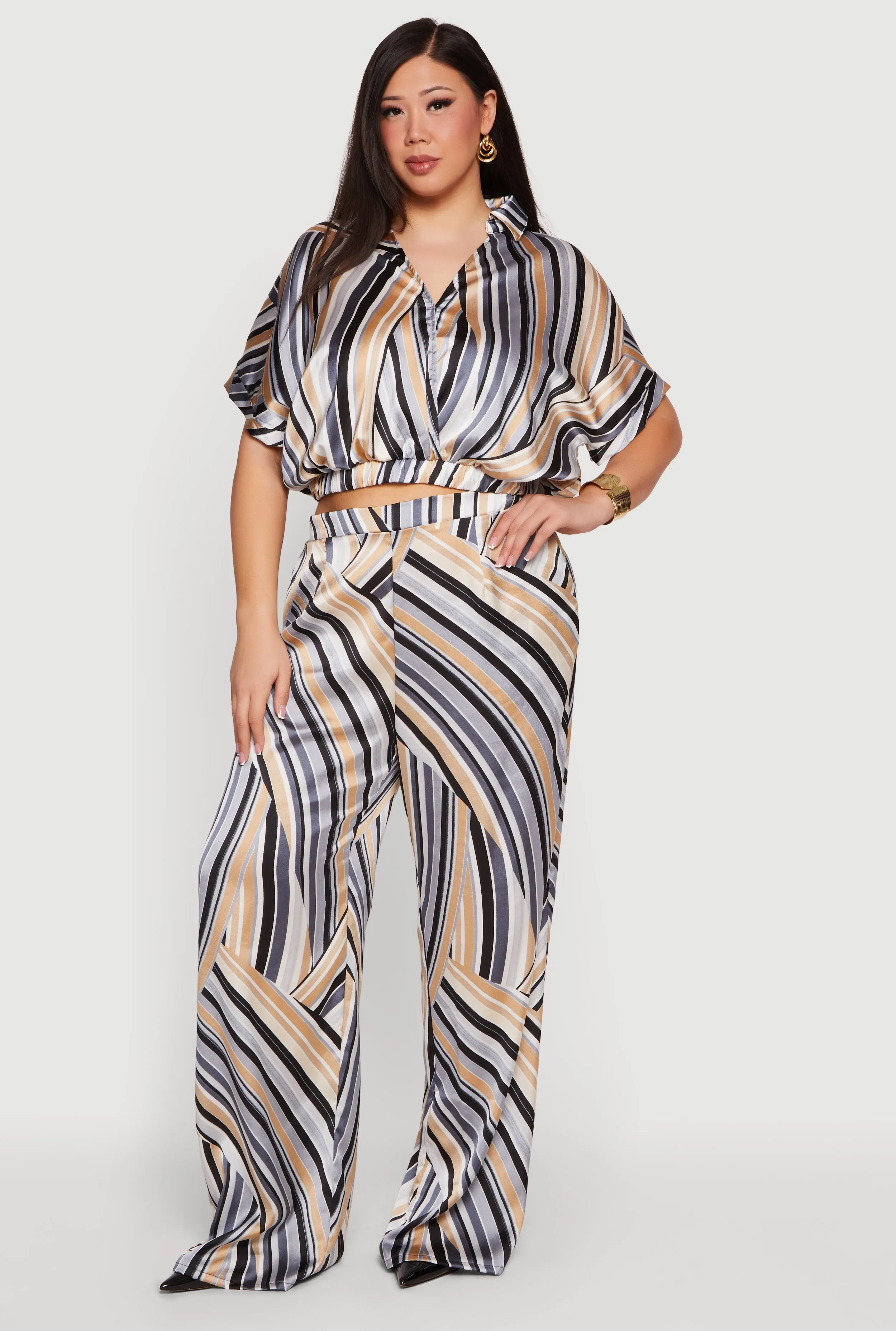 Plus Size Striped Satin Cropped Faux Wrap Blouse sold by Rainbow product image thumbnail 2