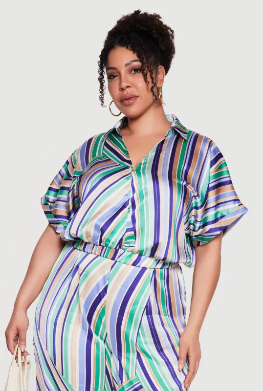 Plus Size Striped Satin Cropped Faux Wrap Blouse made by Rainbow