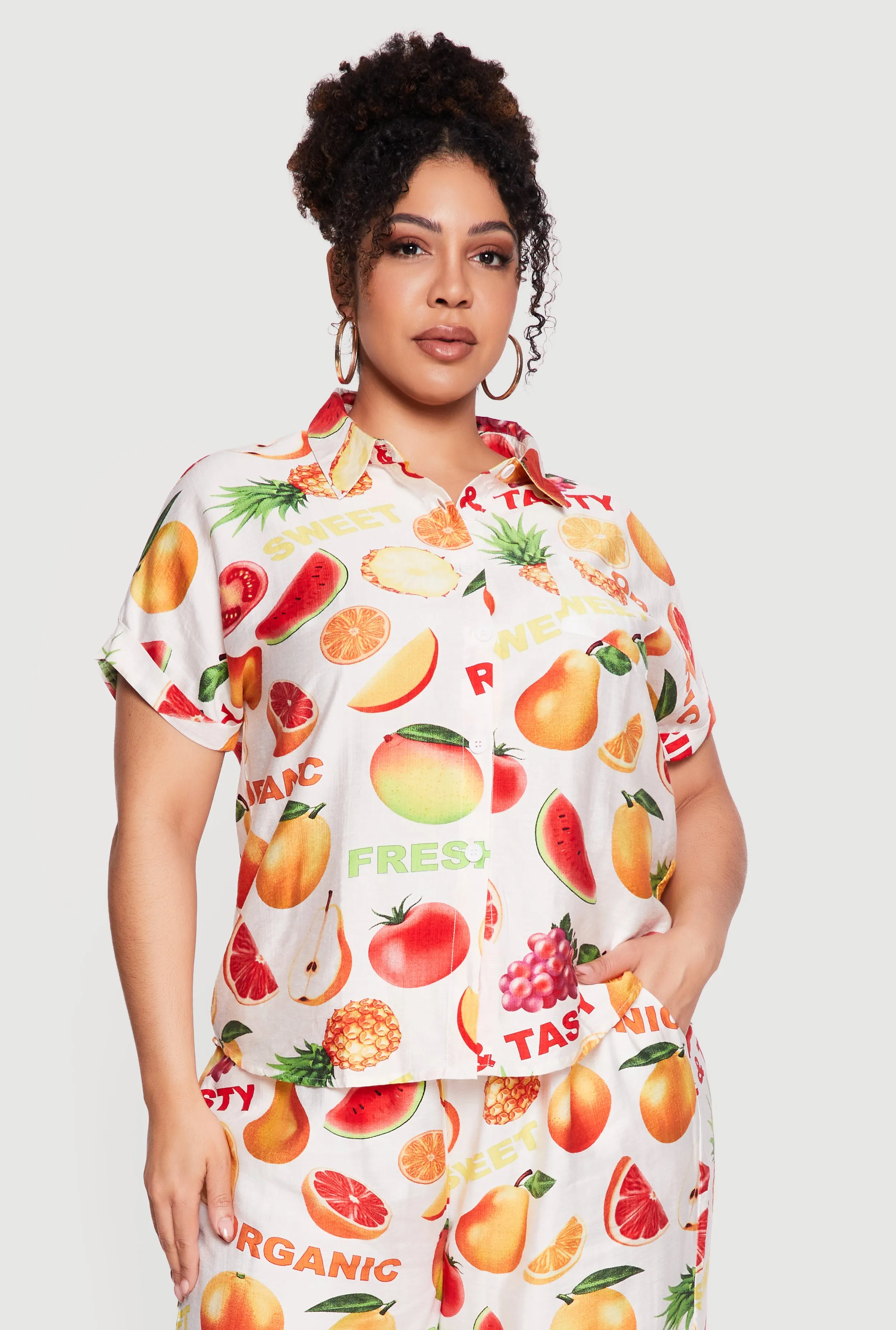 Plus Size Fruit Print Patterned Collared Shirt sold by Rainbow