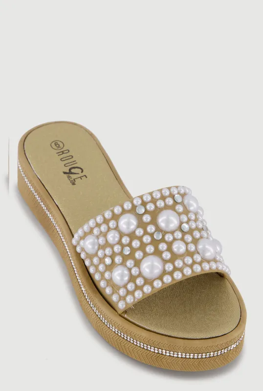 Rhinestone Trim Faux Pearl Band Slide Sandals made by Rainbow