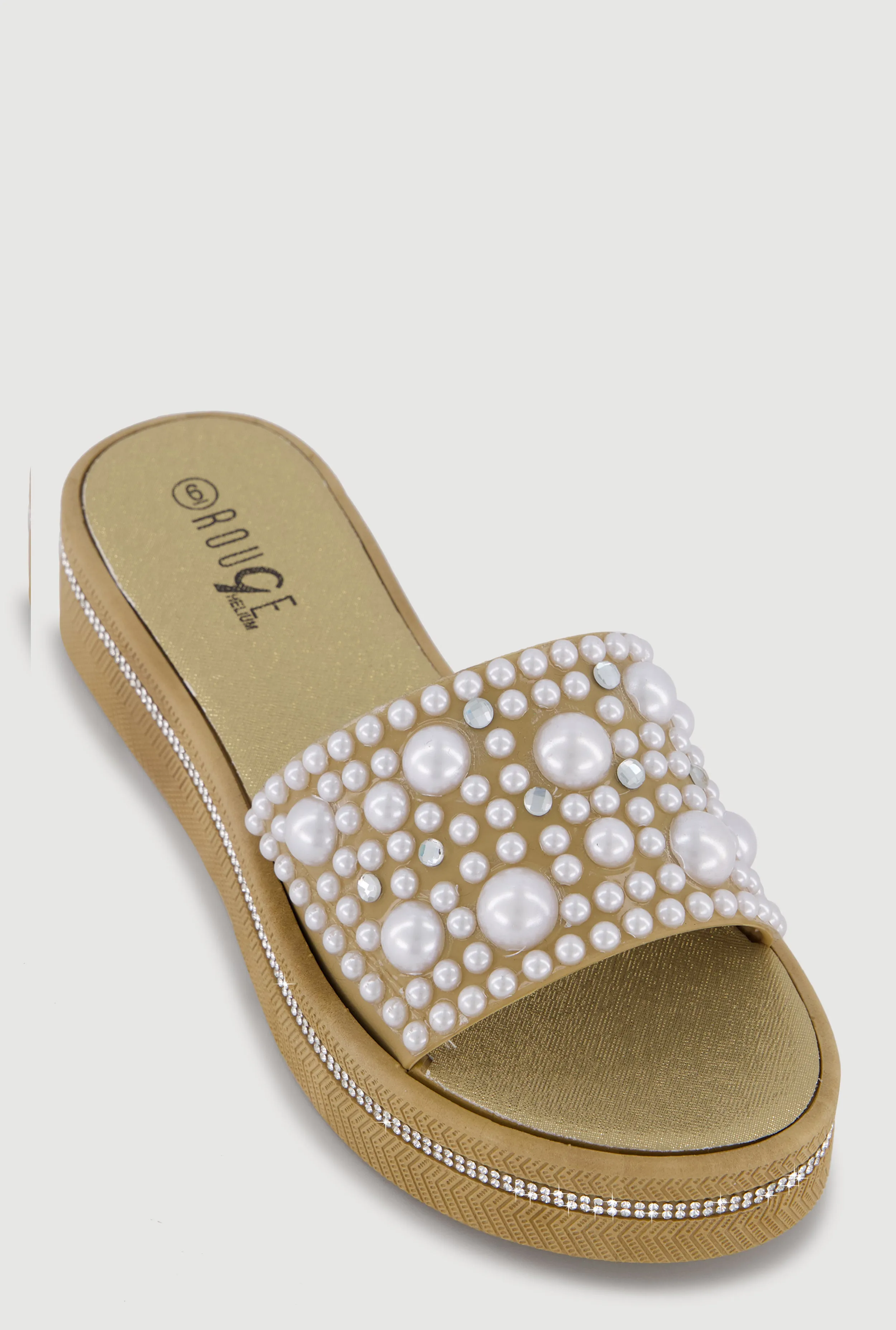 Rhinestone Trim Faux Pearl Band Slide Sandals sold by Rainbow