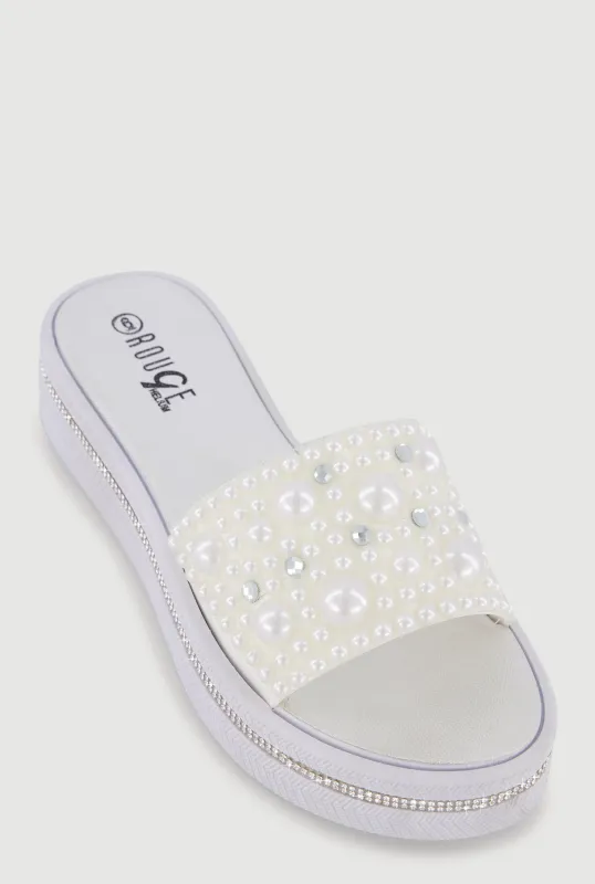 Rhinestone Trim Faux Pearl Band Slide Sandals made by Rainbow